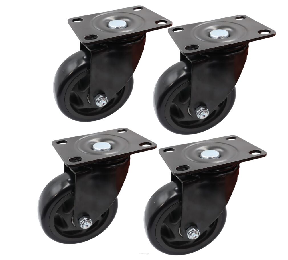 Zestaw 4 kółek obrotowych Ø 100 mm – gumowane, łożyskowane, podstawa 63 × 94 mm (bez hamulca)