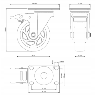 Zestaw 8 kółek obrotowych Ø 100 mm z hamulcem – gumowane, łożyskowane, podstawa 63 × 94 mm. - 7