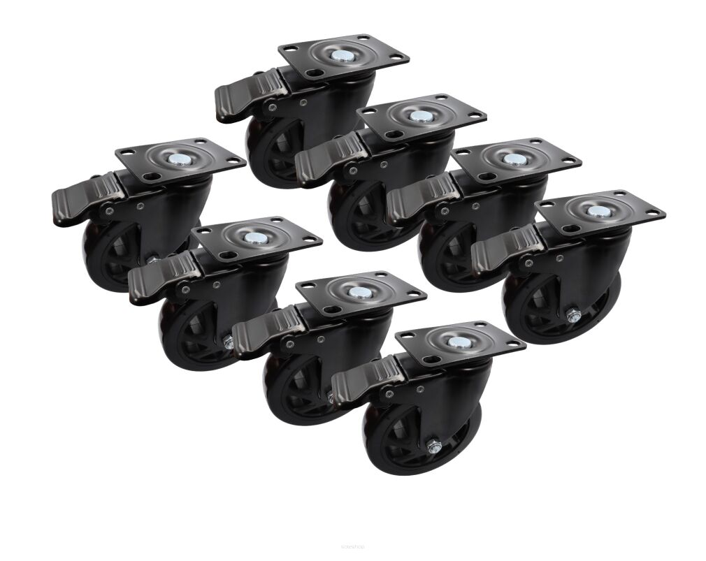 Zestaw 8 kółek obrotowych Ø 100 mm z hamulcem – gumowane, łożyskowane, podstawa 63 × 94 mm.