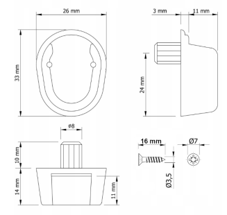 Zestaw wsporników drążka meblowego owalnego – biały, tworzywo, bolec + wkręty. - 3
