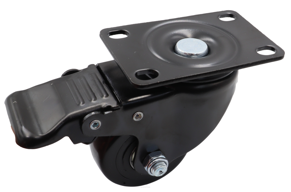 Kółko obrotowe z hamulcem łożyskowane Ø 65 mm – guma, podstawa 63 × 94 mm.