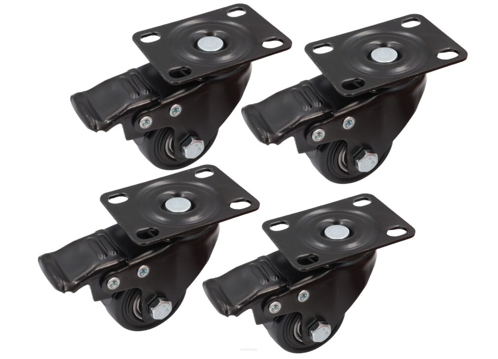 Zestaw 4 kółek obrotowych Ø 65 mm z hamulcem – gumowane, łożyskowane, podstawa 63 × 94 mm.