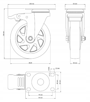 Zestaw 4 kółek obrotowych Ø 100 mm z hamulcem – gumowane, łożyskowane, podstawa 63 × 94 mm. - 6