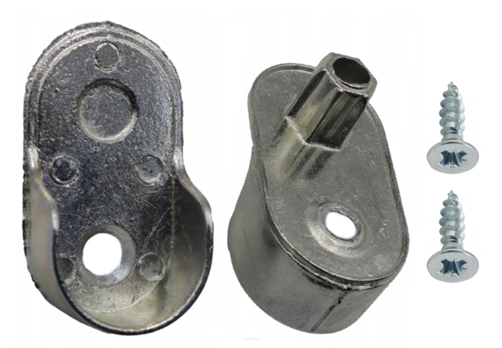 Zestaw wsporników drążka meblowego owalnego – srebrny, odlew, bolec + wkręty.