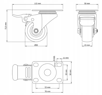 Zestaw 8 kółek obrotowych Ø 50 mm z hamulcem – gumowane, łożyskowane, podstawa 50 × 70 mm. - 6