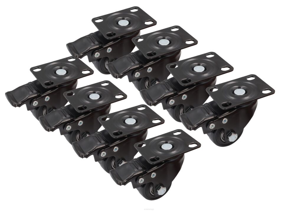 Zestaw 8 kółek obrotowych Ø 50 mm z hamulcem – gumowane, łożyskowane, podstawa 50 × 70 mm.