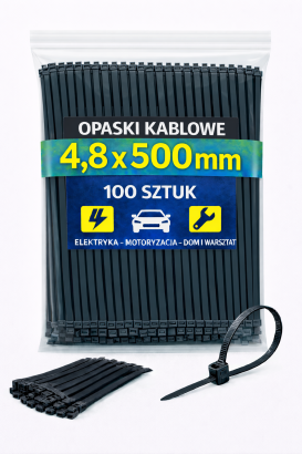 Opaski zaciskowe 4,8 × 500 mm czarne – trytytki kablowe nylon PA – 100 szt.