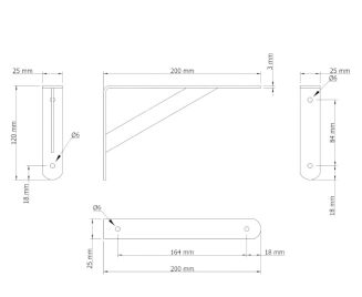 Wspornik półki czarny 200 x 125 x 29 mm, stalowy uchwyt z wzmocnieniem. - 6