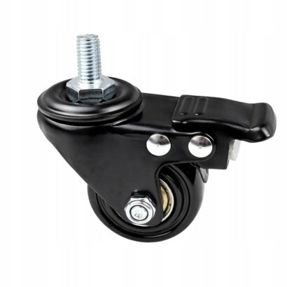 Kółko meblowe obrotowe Ø 40 mm — gumowane, czarne, z hamulcem, trzpień gwintowany M8 × 15 mm.