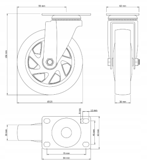Zestaw 4 kółek obrotowych Ø 125 mm – gumowane, łożyskowane, podstawa 63 × 94 mm (bez hamulca) - 6