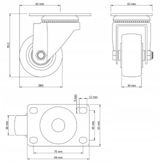Zestaw 8 kółek obrotowych Ø 65 mm – gumowane, łożyskowane, podstawa 63 × 94 mm (bez hamulca) - 6