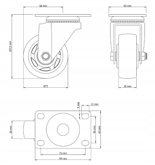 Zestaw 4 kółek obrotowych Ø 75 mm – gumowane, łożyskowane, podstawa 63 × 94 mm (bez hamulca) - 6