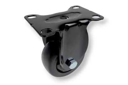 Kółko meblowe stałe Ø 75 mm — gumowane, czarne, podstawa 63 × 94 mm.