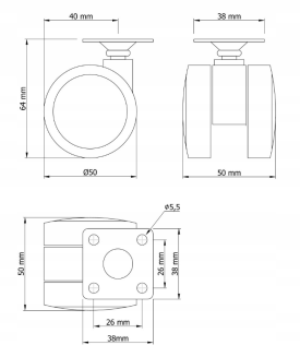 Kółko meblowe gumowane Ø 50 mm z płytką montażową 38 × 38 mm, obrotowe. - 6