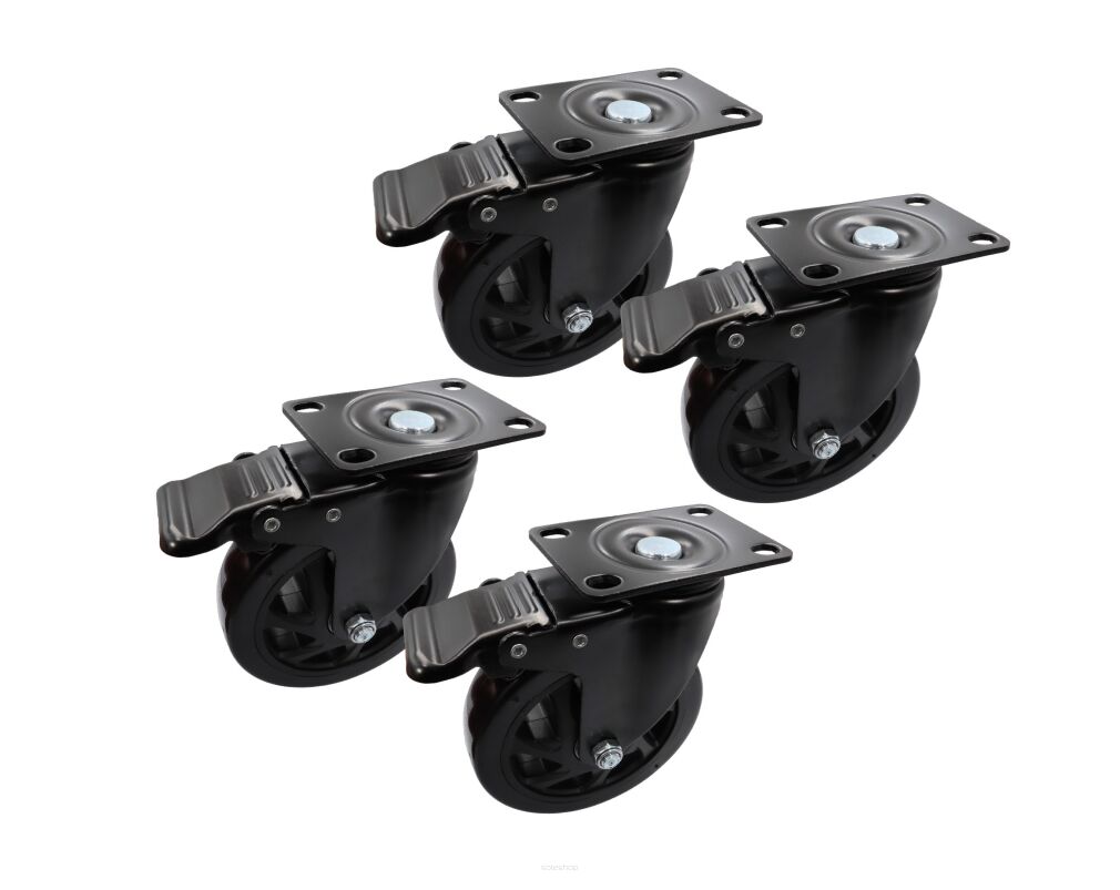 Zestaw 4 kółek obrotowych Ø 125 mm z hamulcem – gumowane, łożyskowane, podstawa 63 × 94 mm.