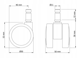 Kółko meblowe gumowane Ø 50 mm z trzpieniem montażowym 11 × 22 mm, obrotowe. - 6