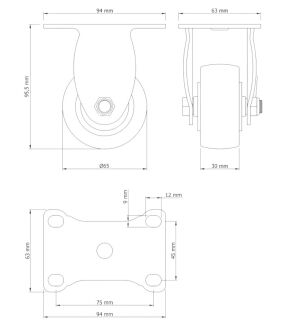 Kółko meblowe stałe Ø 65 mm — gumowane, czarne, podstawa 63 × 94 mm. - 5