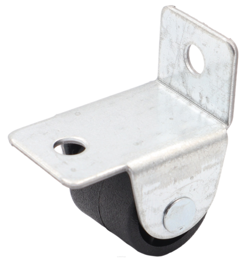 Rolka meblowa sztywna gięta MINI Ø16 mm gumowana, czarna z płytką 32 × 22 mm.