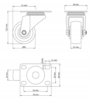Zestaw 8 kółek obrotowych Ø 50 mm – gumowane, łożyskowane, podstawa 50 × 70 mm (bez hamulca) - 6