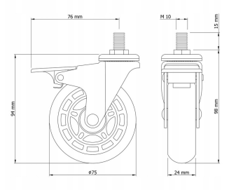 Kółko obrotowe Ø 75 mm kauczukowe z hamulcem i trzpieniem montażowym M10 × 15 mm. - 6