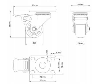 Zestaw 4 kółek obrotowych Ø 40 mm z hamulcem – gumowane, łożyskowane, podstawa 43 × 60 mm. - 6