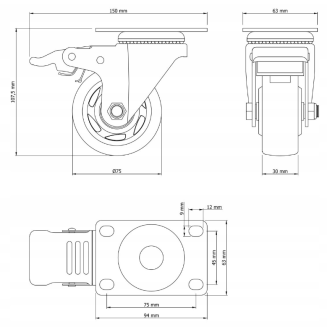 Zestaw 4 kółek obrotowych Ø 75 mm z hamulcem – gumowane, łożyskowane, podstawa 63 × 94 mm. - 5