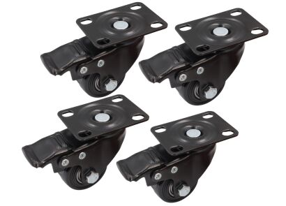 Zestaw 4 kółek obrotowych Ø 75 mm z hamulcem – gumowane, łożyskowane, podstawa 63 × 94 mm.
