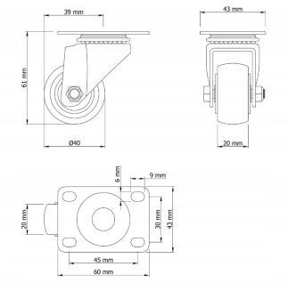 Kółko obrotowe łożyskowane Ø 40 mm z gumą – podstawa 43 × 60 mm. - 6